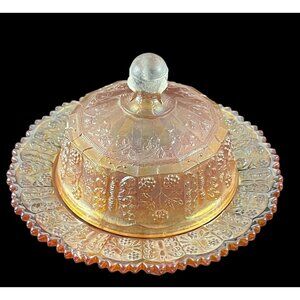 Fenton 1920s Marigold Butterfly & Berry Carnival Glass Three-Footed Covered Butt